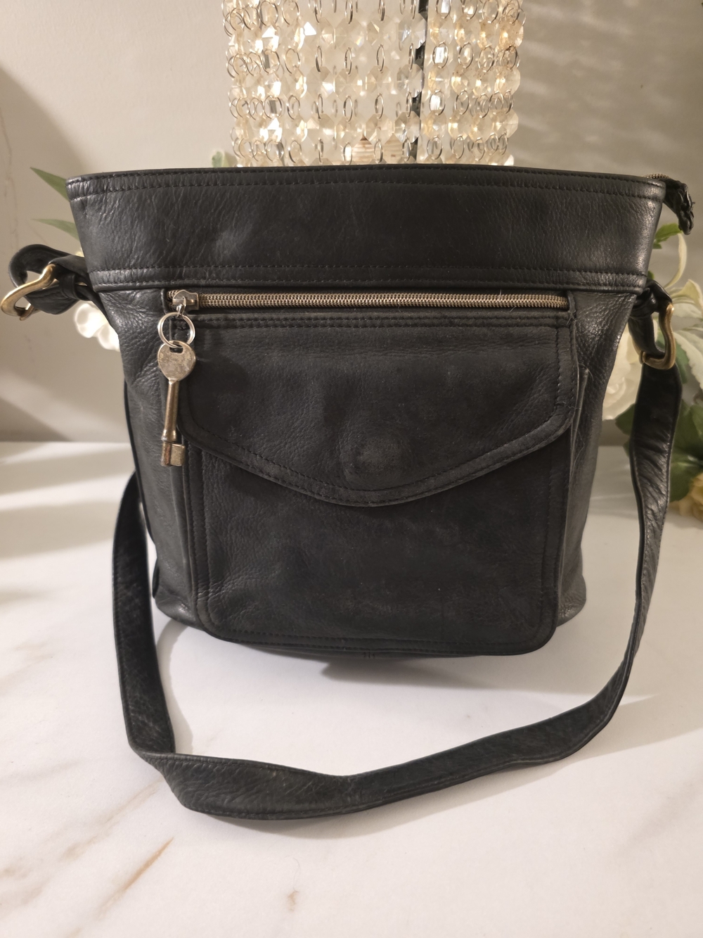 Fossil Black Leather Crossbody Bag with Front Pocket and Key Charm